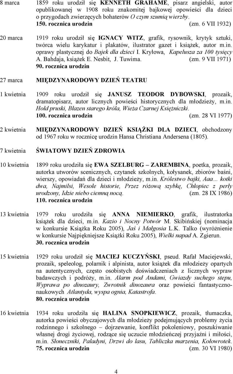 Kryłowa, Kapelusza za 100 tysięcy A. Bahdaja, książek E. Nesbit, J. Tuwima. (zm. 9 VII 1971) 90.