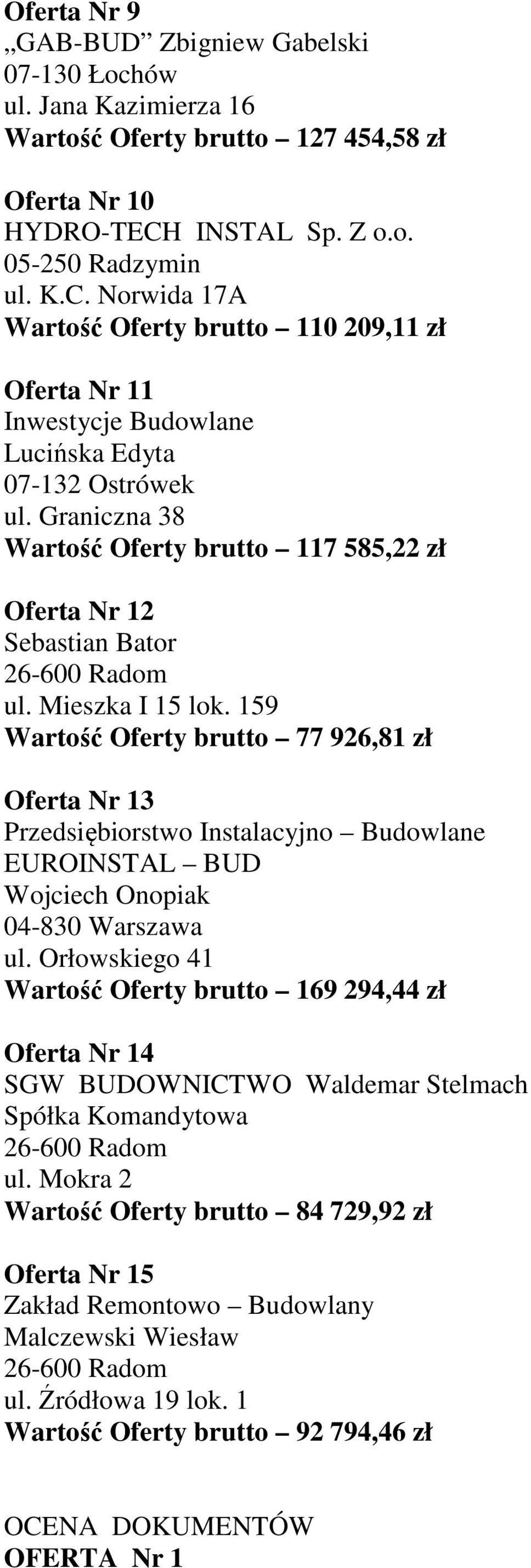 Graniczna 38 Wartość Oferty brutto 117 585,22 zł Oferta Nr 12 Sebastian Bator ul. Mieszka I 15 lok.