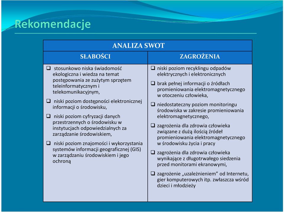 systemów informacji geograficznej (GIS) w zarządzaniu środowiskiem i jego ochroną niski poziom recyklingu odpadów elektrycznych i elektronicznych brak pełnej informacji o źródłach promieniowania