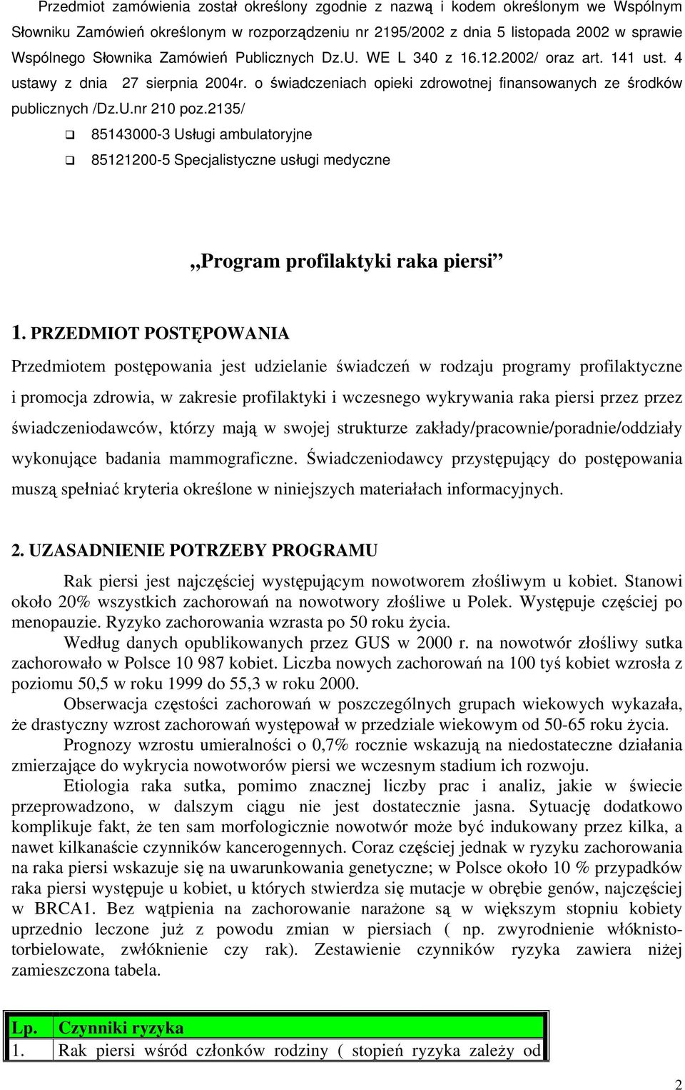 2135/ 85143000-3 Usługi ambulatoryjne 85121200-5 Specjalistyczne usługi medyczne Program profilaktyki raka piersi 1.