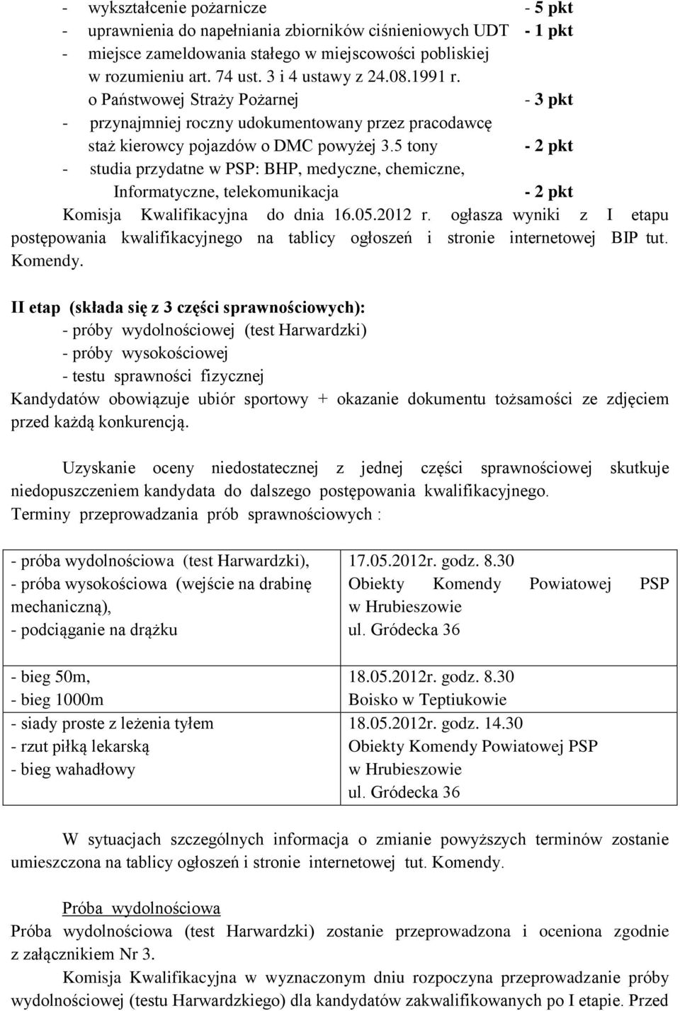 5 tony - 2 pkt - studia przydatne w PSP: BHP, medyczne, chemiczne, Informatyczne, telekomunikacja - 2 pkt Komisja Kwalifikacyjna do dnia 16.05.2012 r.