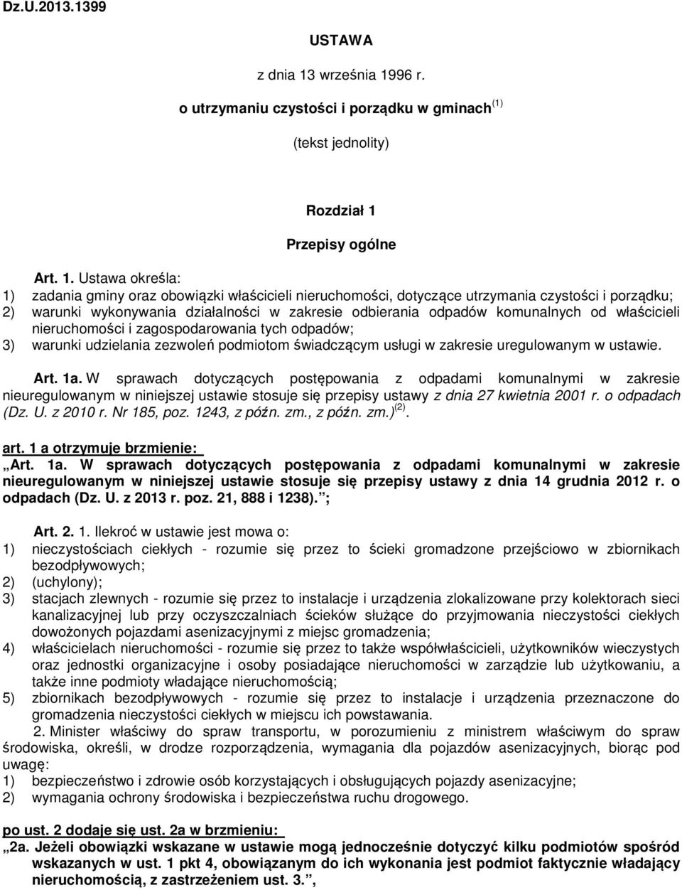 96 r. o utrzymaniu czystości i porządku w gminach (1) (tekst jednolity) Rozdział 1 