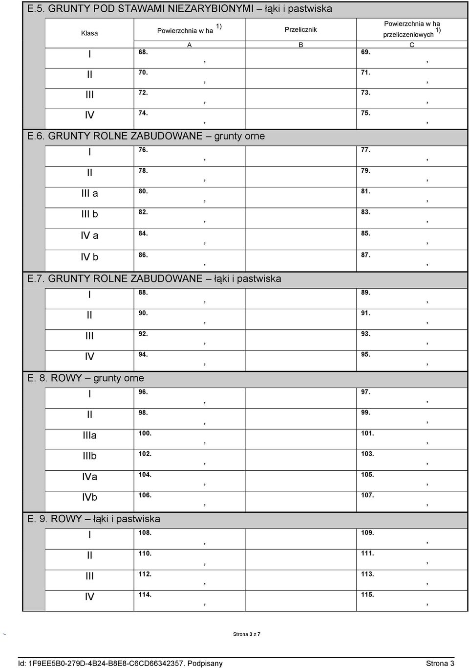 IIIa 100. IIIb 102. IVa 104. IVb 106. E. 9. ROWY łąki i pastwiska I 108. II 110. III 112. IV 114. Powierzchnia w ha przeliczeniowych 1) A B C 69. 71. 73. 75. 77.