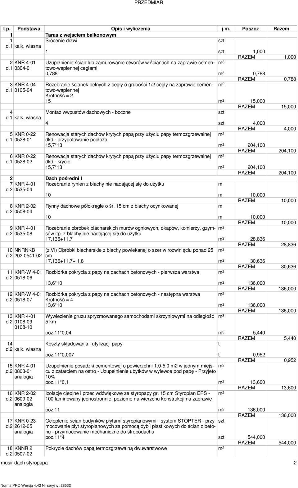 Monaz wwpusów dachowych - boczne d1 kalk własna 4 4,000 RAZEM 4,000 5 KNR 0-22 Renowacja sarych dachów kryych papą przy użyciu papy erozgrzewalnej d1 0528-01 dkd - przygoowanie podłoża 15,7*13