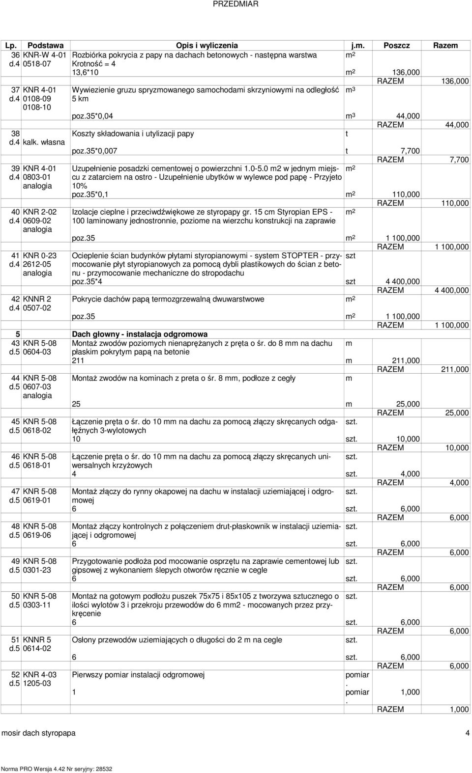 składowania i uylizacji papy RAZEM 44,000 poz35*0,007 7,700 RAZEM 7,700 Uzupełnienie posadzki ceenowej o powierzchni 10-50 2 w jedny iejscu z zaarcie na osro - Uzupełnienie ubyków w wylewce pod papę