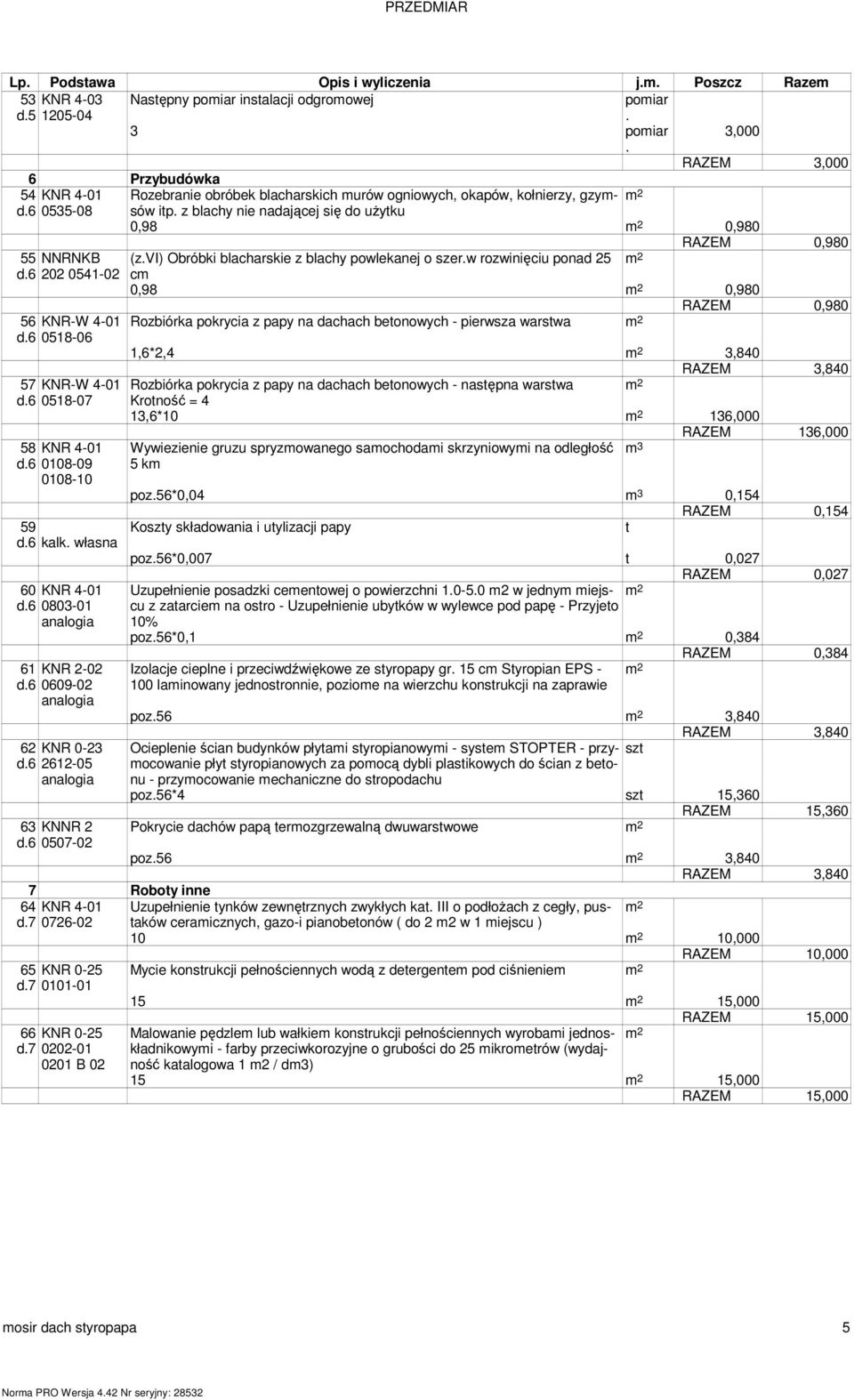 202 0541-02 c 0,98 0,980 RAZEM 0,980 56 KNR-W 4-01 Rozbiórka pokrycia z papy na dachach beonowych - pierwsza warswa d6 0518-06 1,6*2,4 3,840 57 KNR-W 4-01 Rozbiórka pokrycia z papy na dachach