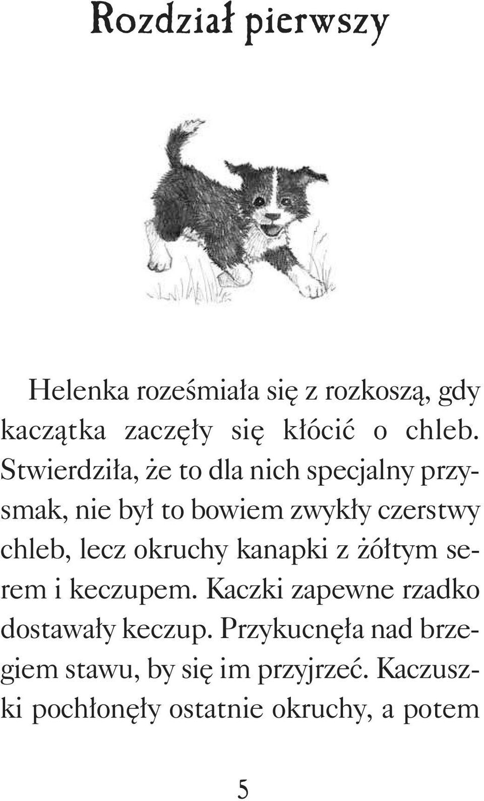 lecz okruchy kanapki z żółtym serem i keczupem. Kaczki zapewne rzadko dostawały keczup.