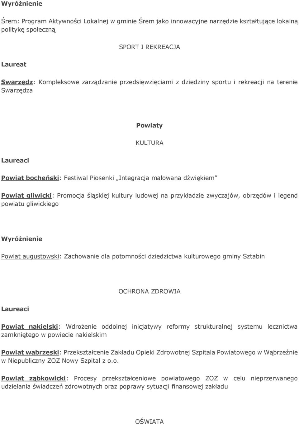 zwyczajów, obrzędów i legend powiatu gliwickiego Wyróżnienie Powiat augustowski: Zachowanie dla potomności dziedzictwa kulturowego gminy Sztabin Powiat nakielski: Wdrożenie oddolnej inicjatywy