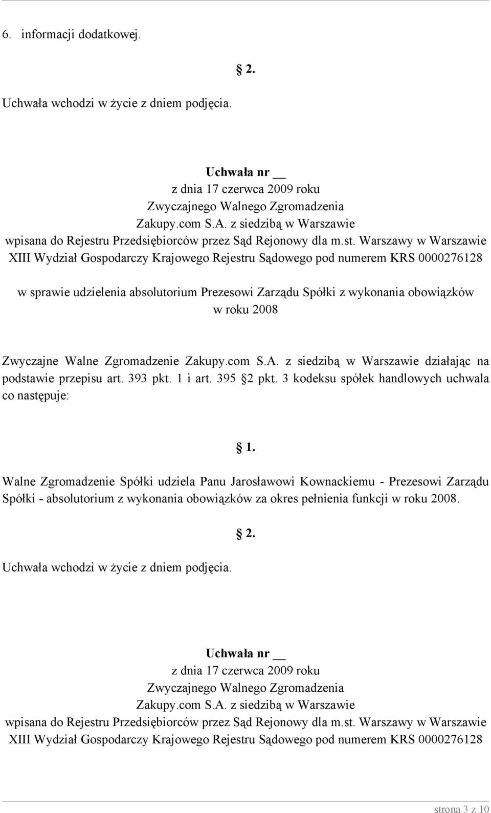 roku 2008 Zwyczajne Walne Zgromadzenie działając na Walne Zgromadzenie Spółki udziela