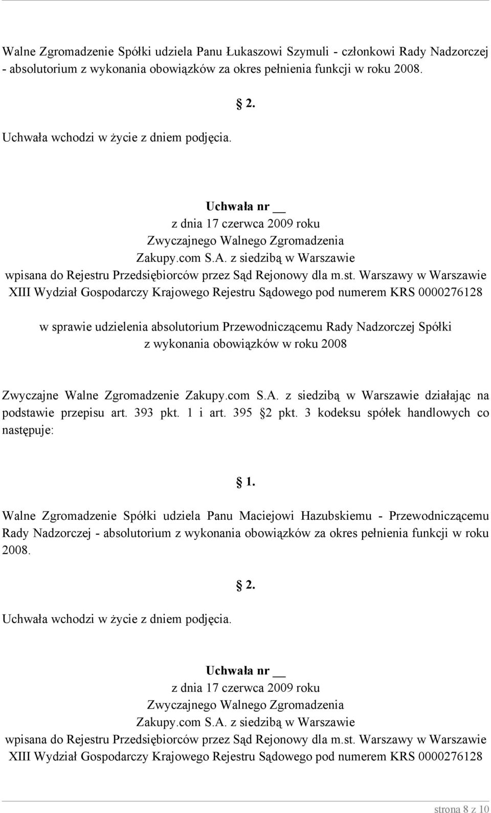 w sprawie udzielenia absolutorium Przewodniczącemu Rady Nadzorczej Spółki Zwyczajne Walne Zgromadzenie działając na podstawie przepisu art.