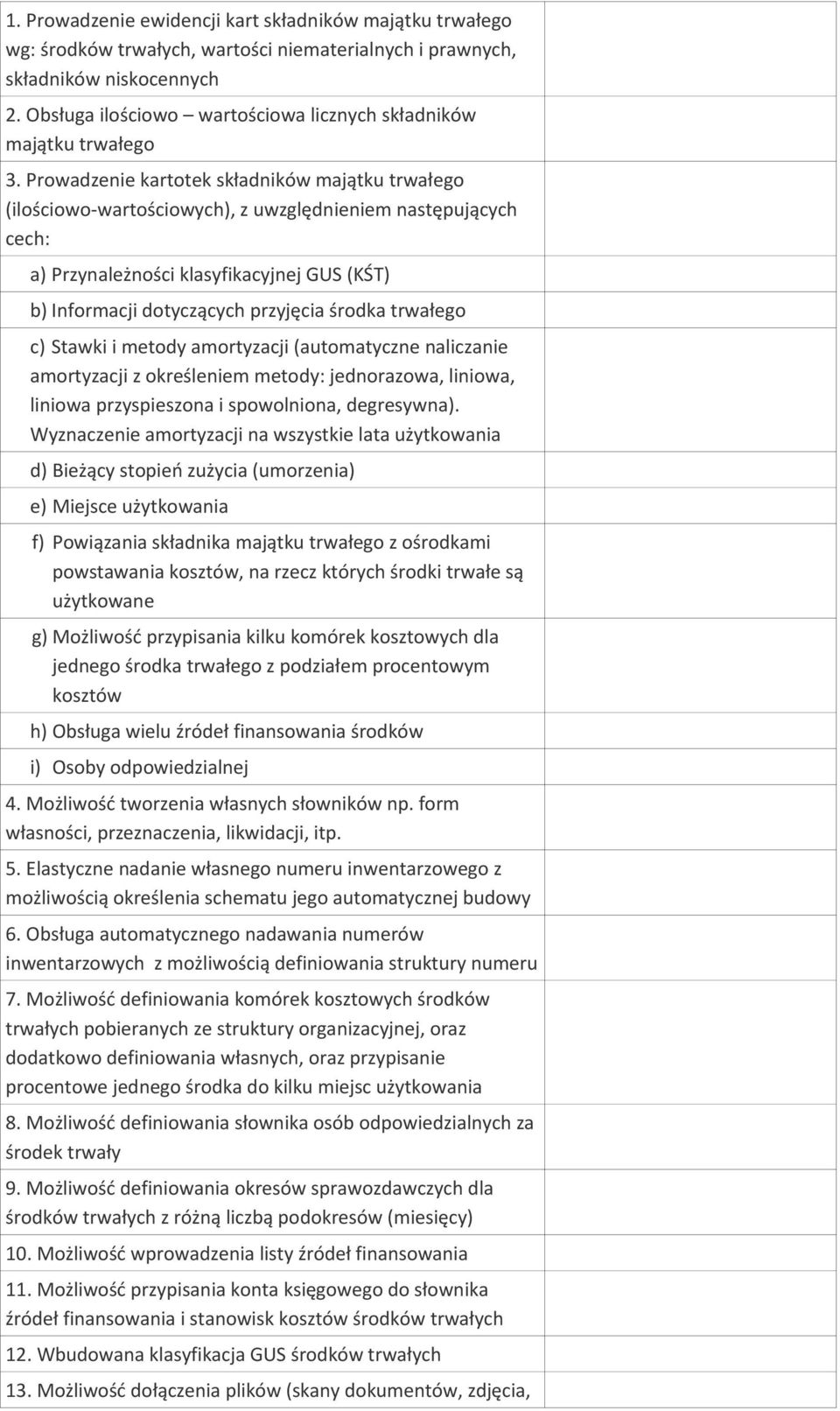 Prowadzenie kartotek składników majątku trwałego (ilościowo-wartościowych), z uwzględnieniem następujących cech: a) Przynależności klasyfikacyjnej GUS (KŚT) b) Informacji dotyczących przyjęcia środka