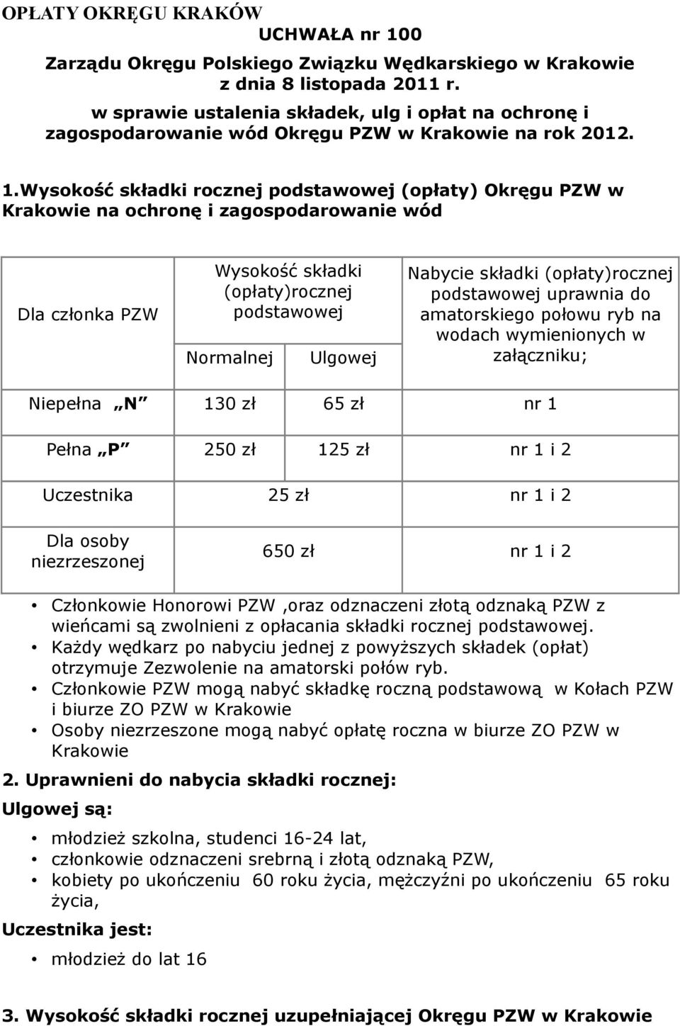 Wysokość składki rocznej podstawowej (opłaty) Okręgu PZW w Krakowie na ochronę i zagospodarowanie wód Dla członka PZW Wysokość składki (opłaty)rocznej podstawowej Normalnej Ulgowej Nabycie składki