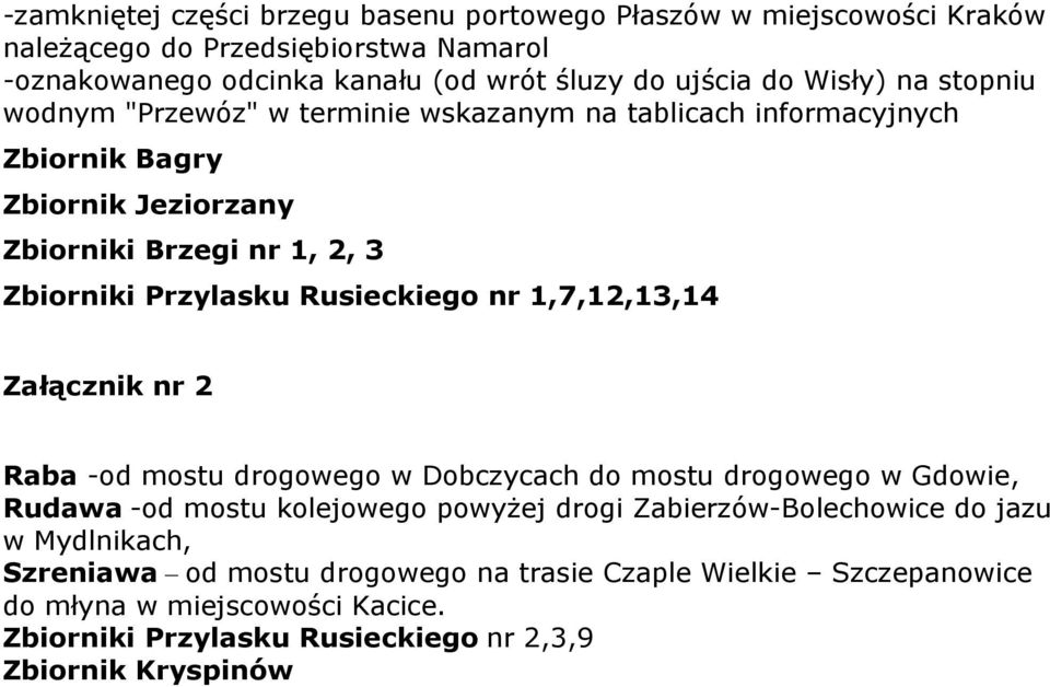 Rusieckiego nr 1,7,12,13,14 Załącznik nr 2 Raba -od mostu drogowego w Dobczycach do mostu drogowego w Gdowie, Rudawa -od mostu kolejowego powyżej drogi