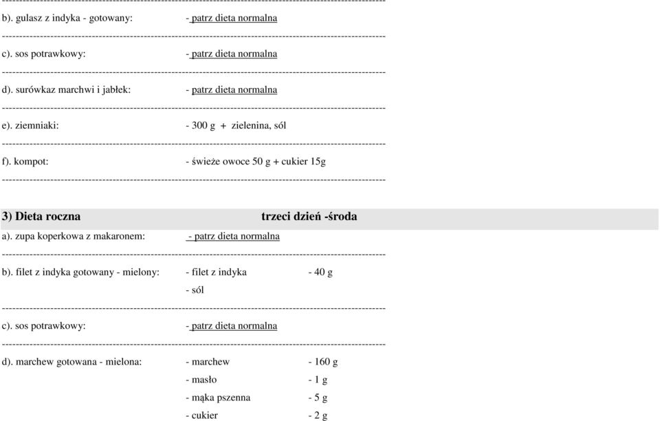 kompot: - świeże owoce 50 g + cukier 15g 3) Dieta roczna trzeci dzień -środa a). zupa koperkowa z makaronem: - patrz dieta normalna b).