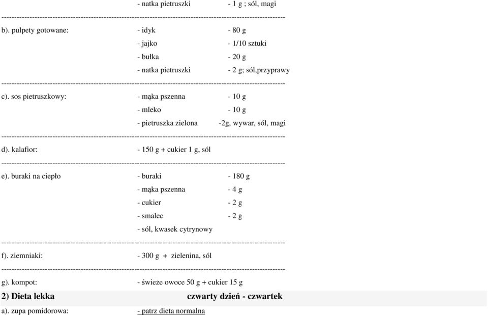sos pietruszkowy: - mąka pszenna - 10 g - mleko - 10 g - pietruszka zielona -2g, wywar, sól, magi d). kalafior: - 150 g + cukier 1 g, sól e).