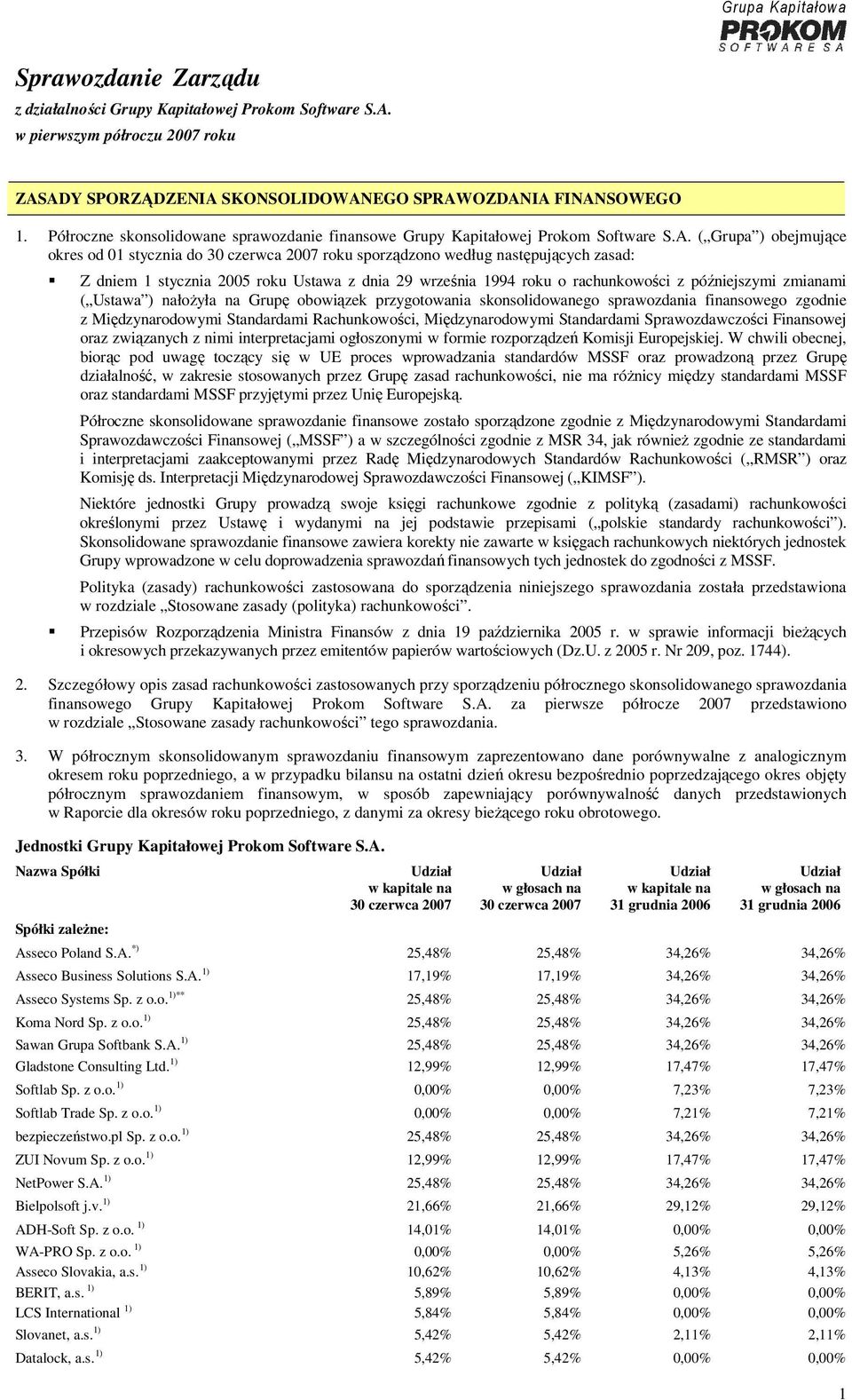 ( Grupa ) obejmujące okres od 01 stycznia do 30 czerwca 2007 roku sporządzono według następujących zasad: Z dniem 1 stycznia 2005 roku Ustawa z dnia 29 września 1994 roku o rachunkowości z