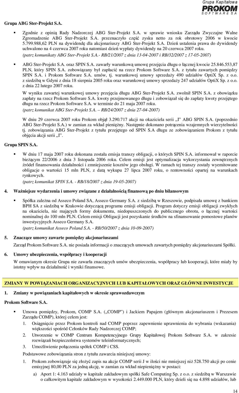 (patrz komunikaty ABG Ster-Projekt S.A.- RB/21/2007 z dnia 13-04-2007 i RB/32/2007 z 17-05-2007) ABG Ster-Projekt S.A. oraz SPIN S.A. zawarły warunkową umowę przejęcia długu o łącznej kwocie 25.846.