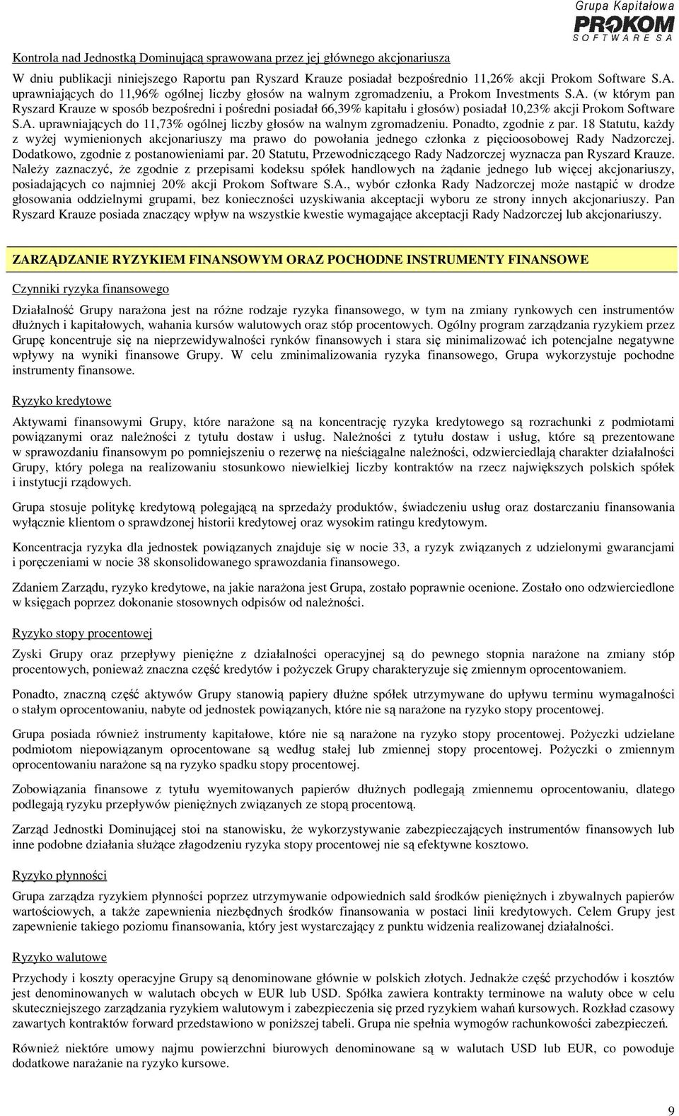 (w którym pan Ryszard Krauze w sposób bezpośredni i pośredni posiadał 66,39% kapitału i głosów) posiadał 10,23% akcji Prokom Software S.A.