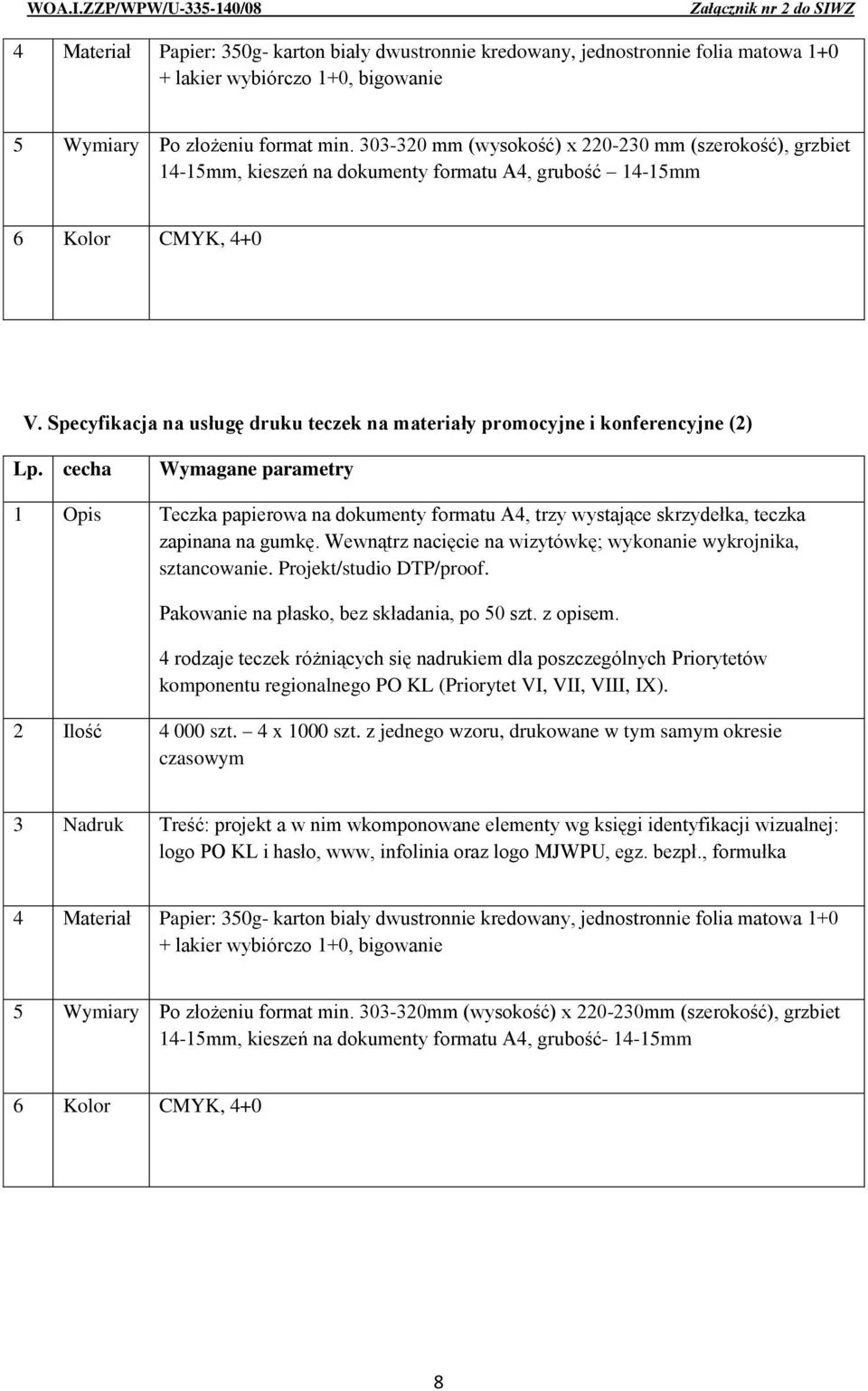 Specyfikacja na usługę druku teczek na materiały promocyjne i konferencyjne (2) Lp. cecha 1 Opis Teczka papierowa na dokumenty formatu A4, trzy wystające skrzydełka, teczka zapinana na gumkę.