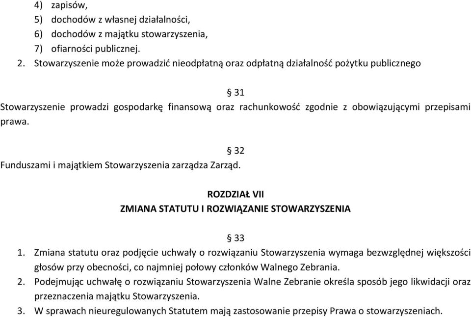 32 Funduszami i majątkiem Stowarzyszenia zarządza Zarząd. ROZDZIAŁ VII ZMIANA STATUTU I ROZWIĄZANIE STOWARZYSZENIA 33 1.