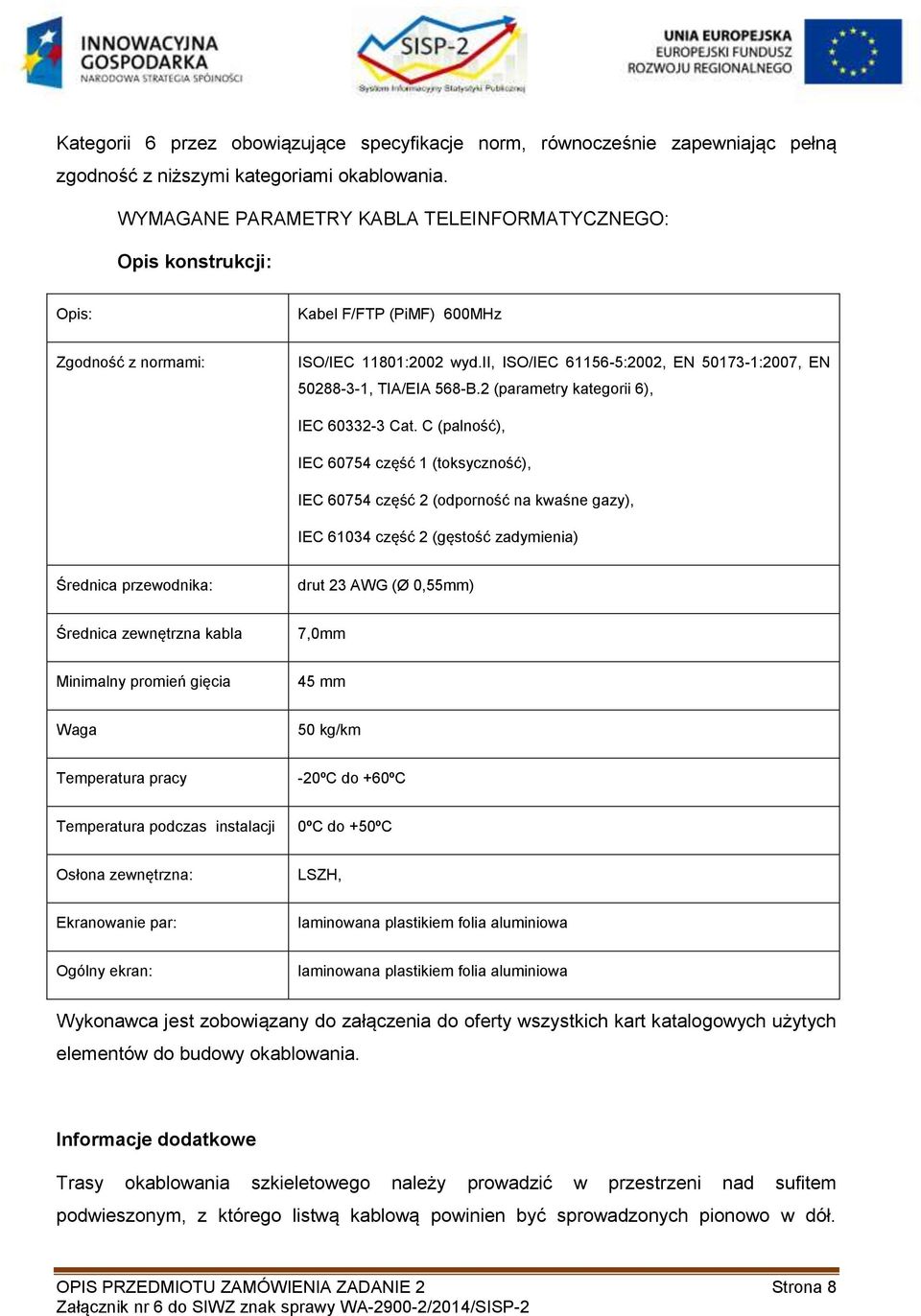 ii, ISO/IEC 61156-5:2002, EN 50173-1:2007, EN 50288-3-1, TIA/EIA 568-B.2 (parametry kategorii 6), IEC 60332-3 Cat.