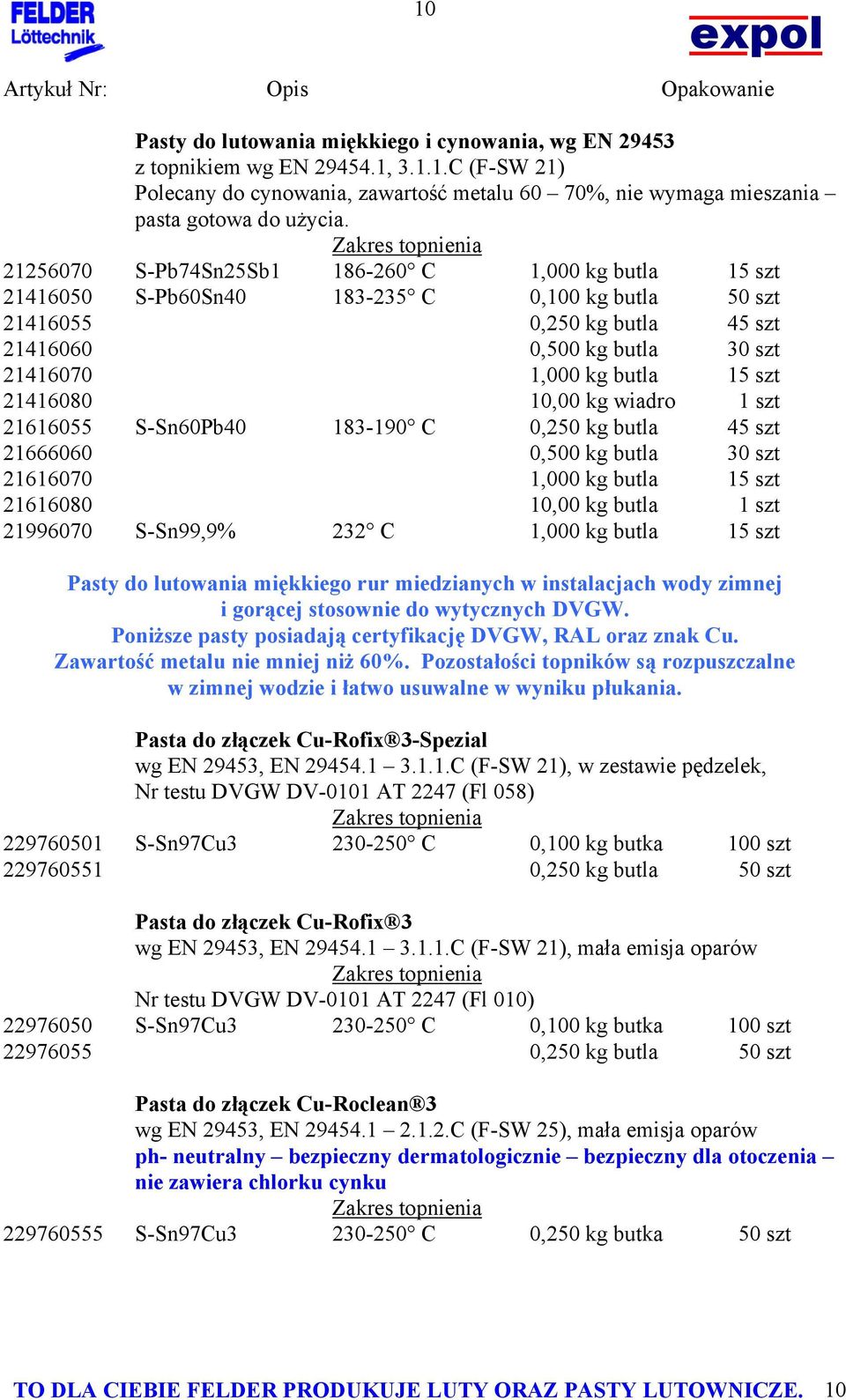 1,000 kg butla 15 szt 21416080 10,00 kg wiadro 1 szt 21616055 S-Sn60Pb40 183-190 C 0,250 kg butla 45 szt 21666060 0,500 kg butla 30 szt 21616070 1,000 kg butla 15 szt 21616080 10,00 kg butla 1 szt