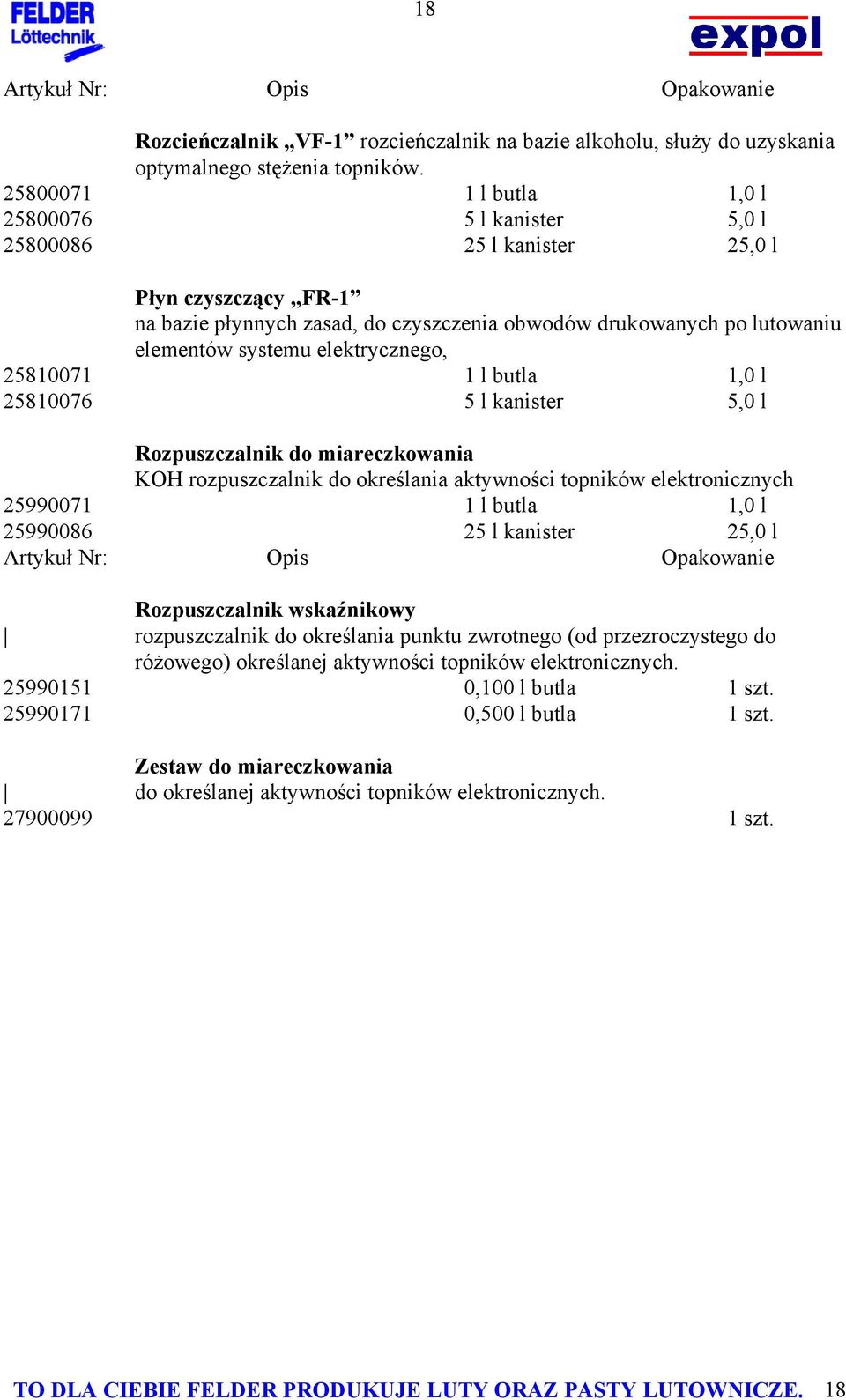 elektrycznego, 25810071 1 l butla 1,0 l 25810076 5 l kanister 5,0 l Rozpuszczalnik do miareczkowania KOH rozpuszczalnik do określania aktywności topników elektronicznych 25990071 1 l butla 1,0 l