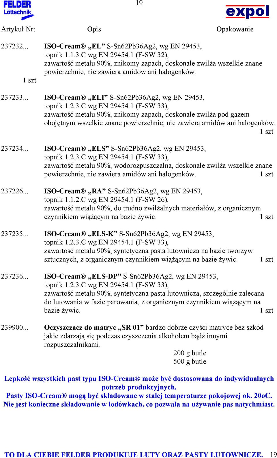 2.3.C wg EN 29454.1 (F-SW 33), zawartość metalu 90%, znikomy zapach, doskonale zwilża pod gazem obojętnym wszelkie znane powierzchnie, nie zawiera amidów ani halogenków. 1 szt 237234.