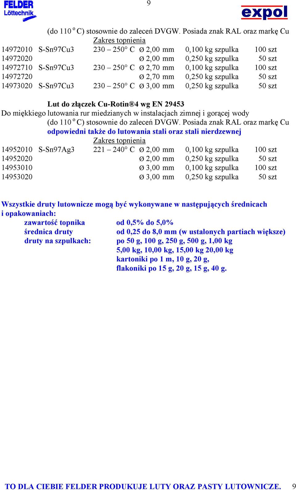 kg szpulka 100 szt 14972720 Ø 2,70 mm 0,250 kg szpulka 50 szt 14973020 S-Sn97Cu3 230 250 C Ø 3,00 mm 0,250 kg szpulka 50 szt Lut do złączek Cu-Rotin 4 wg EN 29453 Do miękkiego lutowania rur