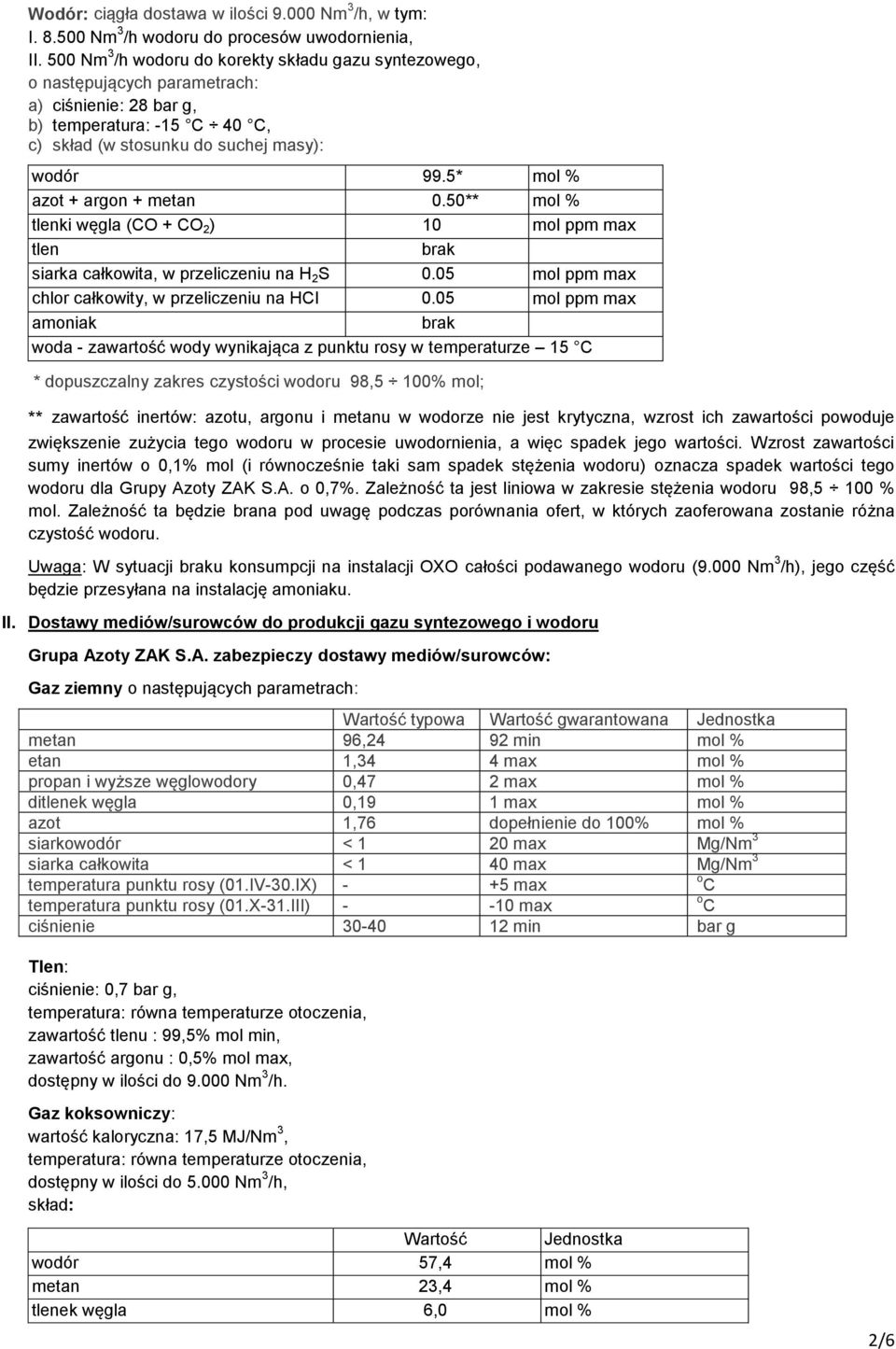 5* mol % azot + argon + metan 0.50** mol % tlenki węgla (CO + CO 2 ) 10 mol ppm max tlen brak siarka całkowita, w przeliczeniu na H 2 S 0.05 mol ppm max chlor całkowity, w przeliczeniu na HCI 0.