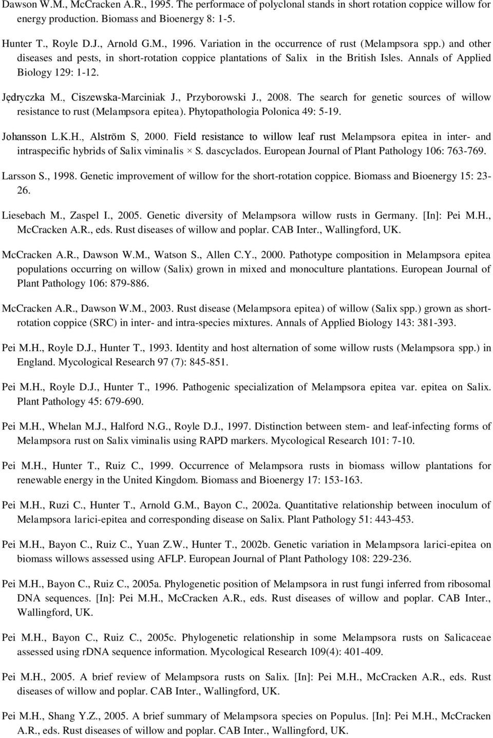 Jędryczka M., Ciszewska-Marciniak J., Przyborowski J., 2008. The search for genetic sources of willow resistance to rust (Melampsora epitea). Phytopathologia Polonica 49: 5-19. Johansson L.K.H.