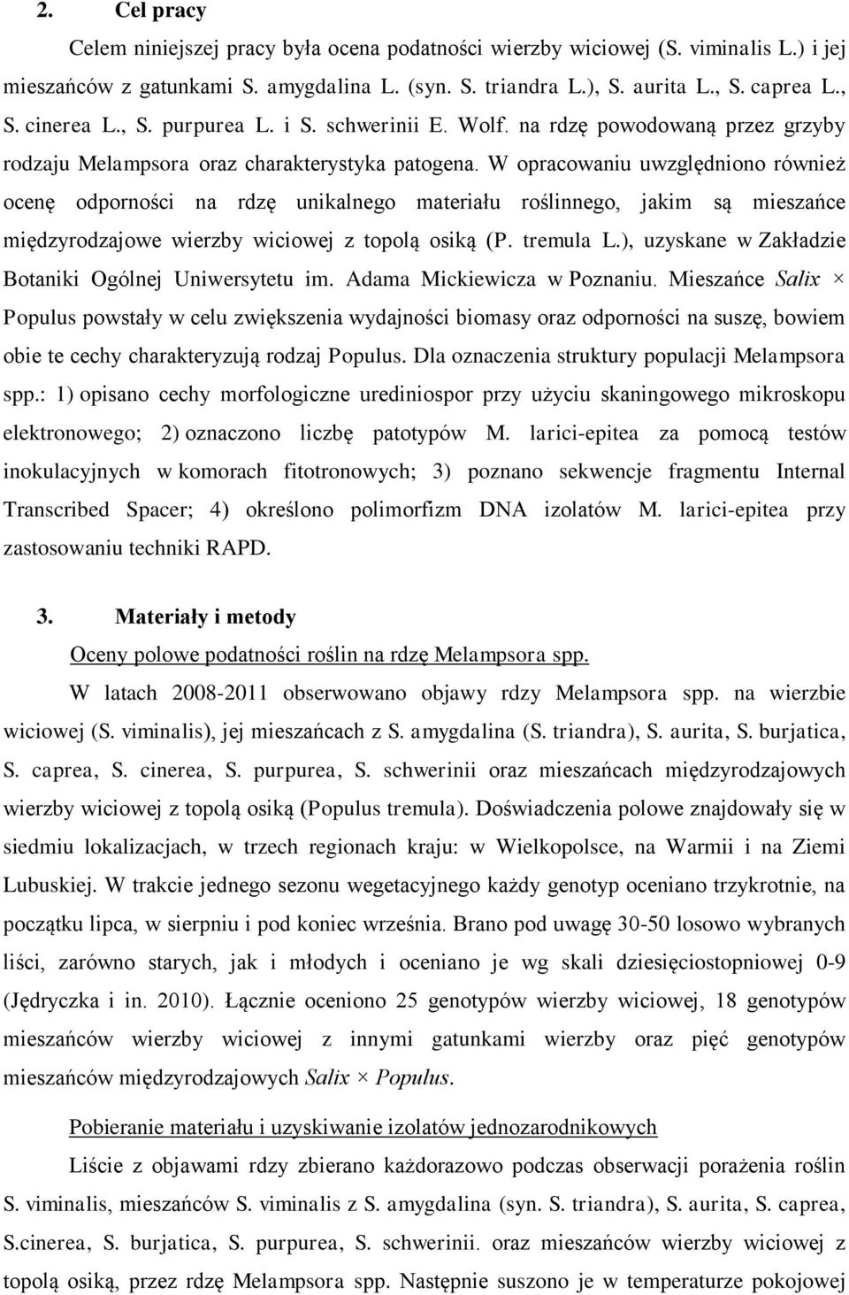 W opracowaniu uwzględniono również ocenę odporności na rdzę unikalnego materiału roślinnego, jakim są mieszańce międzyrodzajowe wierzby wiciowej z topolą osiką (P. tremula L.