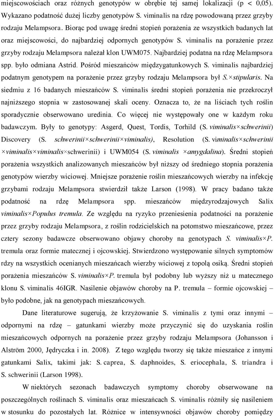 viminalis na porażenie przez grzyby rodzaju Melampsora należał klon UWM075. Najbardziej podatna na rdzę Melampsora spp. było odmiana Astrid. Pośród mieszańców międzygatunkowych S.