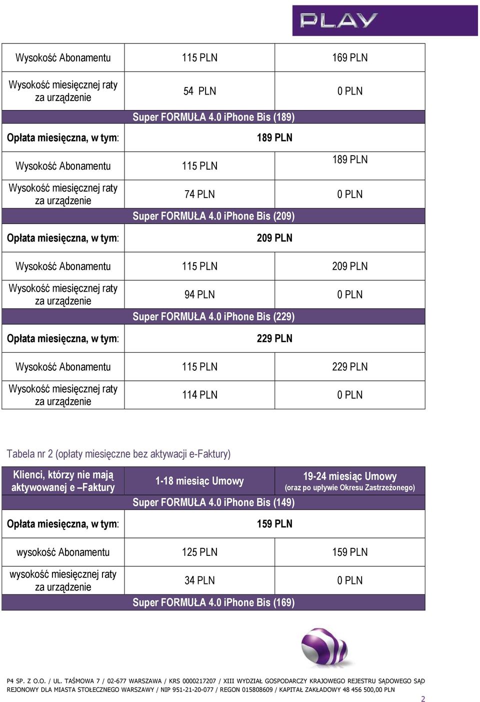 (opłaty miesięczne bez aktywacji e-faktury) Klienci, którzy nie mają aktywowanej e Faktury 1-18 miesiąc Umowy Bis (149) 159 PLN 19-24