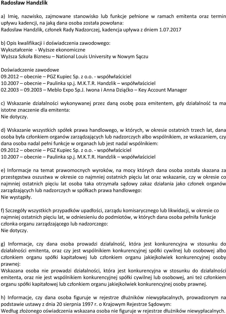2007 obecnie Paulinka sp.j. M.K.T.R. Handzlik współwłaściciel 02.2003 09.2003 Meblo Expo Sp.J.