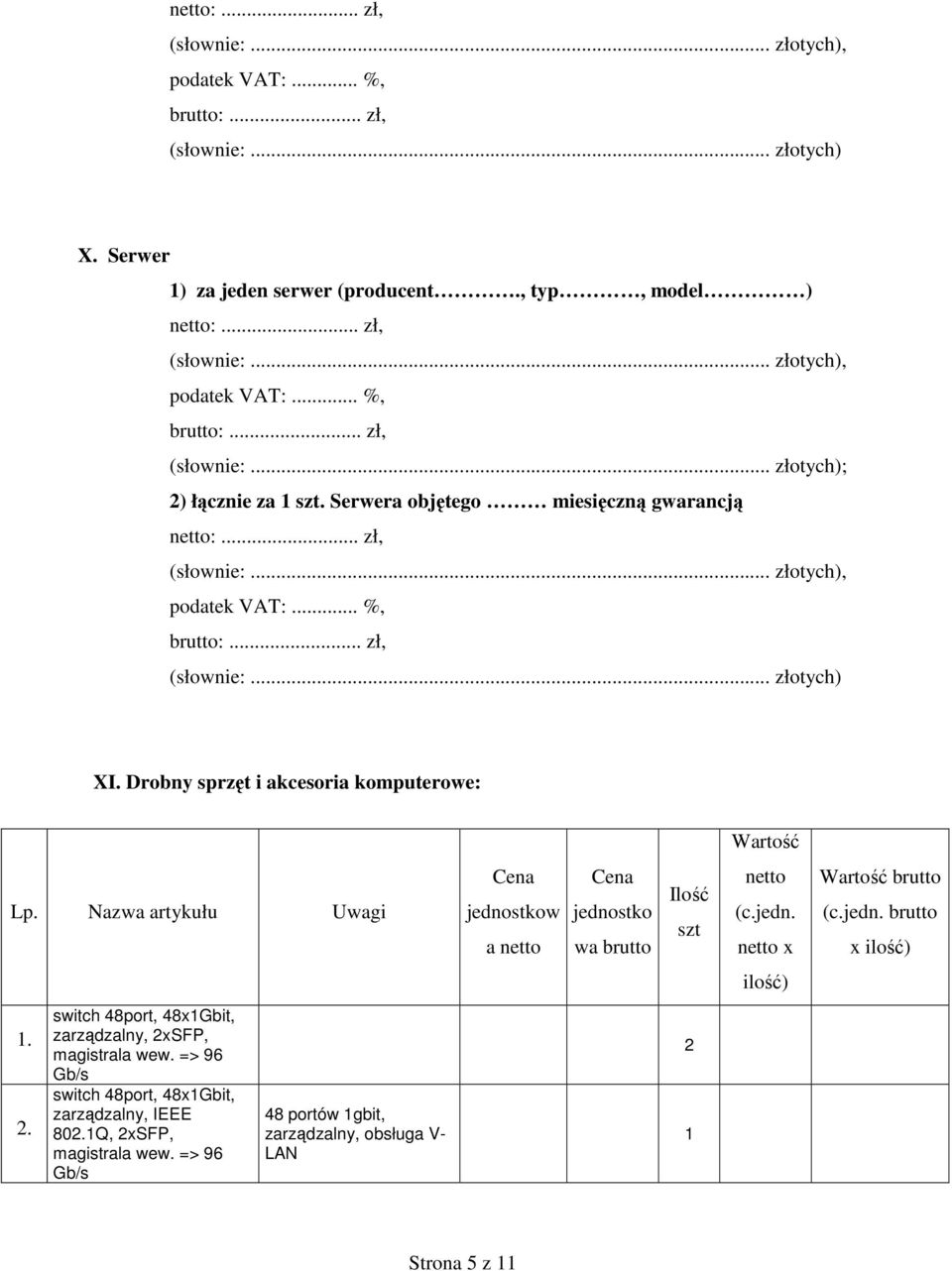 Nazwa artykułu Uwagi jednostkow a jednostko wa brutto x Wartość brutto brutto x.