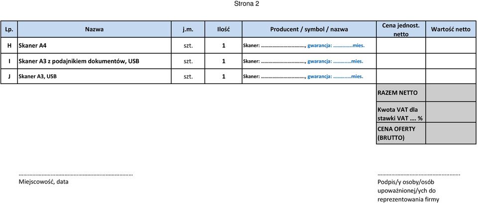 netto Wartość netto J Skaner A3, USB szt. 1 Skaner:...., gwarancja:.. mies.