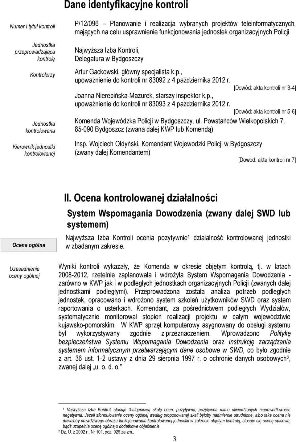 specjalista k.p., upoważnienie do kontroli nr 83092 z 4 października 2012 r. Joanna Nierebińska-Mazurek, starszy inspektor k.p., upoważnienie do kontroli nr 83093 z 4 października 2012 r.
