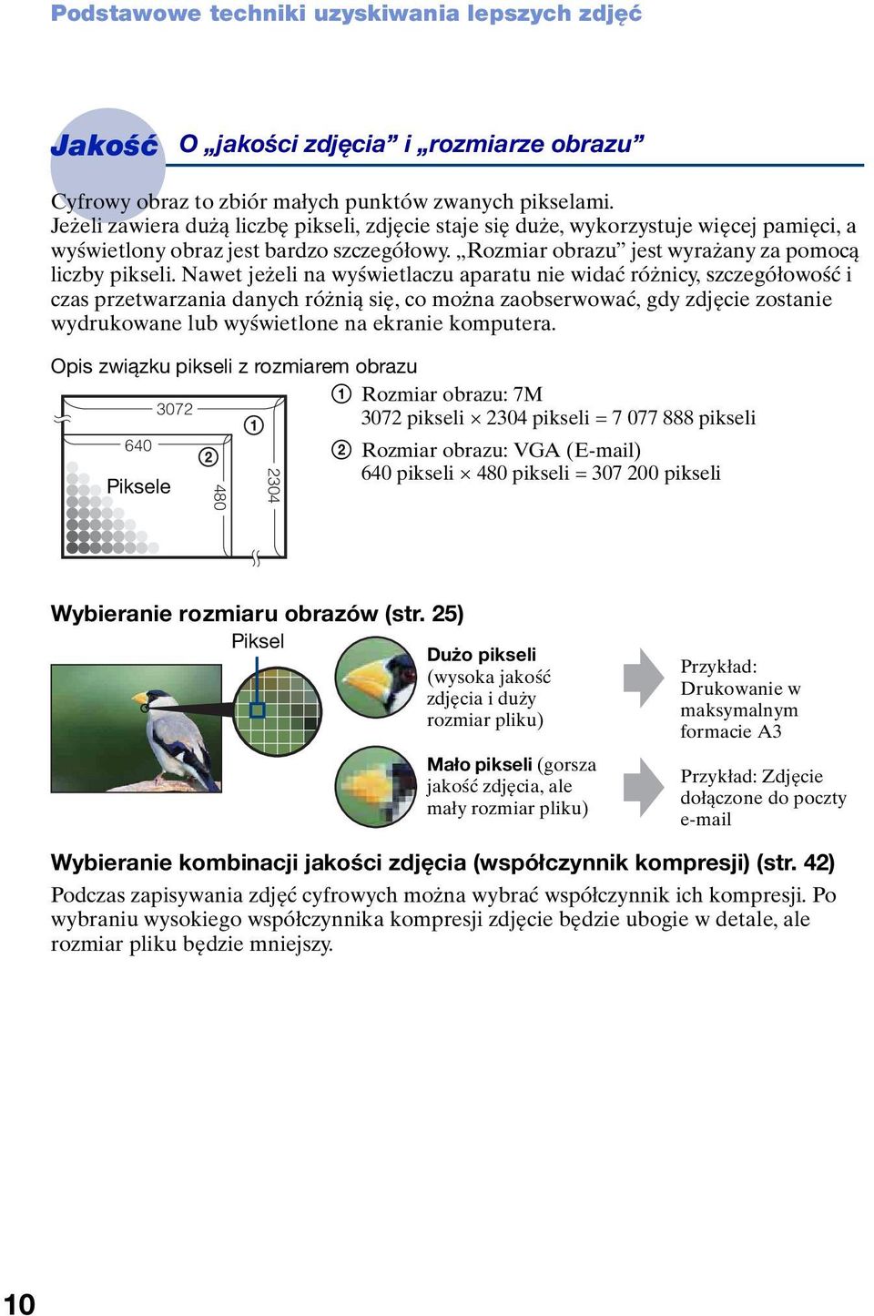 Nawet jeżeli na wyświetlaczu aparatu nie widać różnicy, szczegółowość i czas przetwarzania danych różnią się, co można zaobserwować, gdy zdjęcie zostanie wydrukowane lub wyświetlone na ekranie