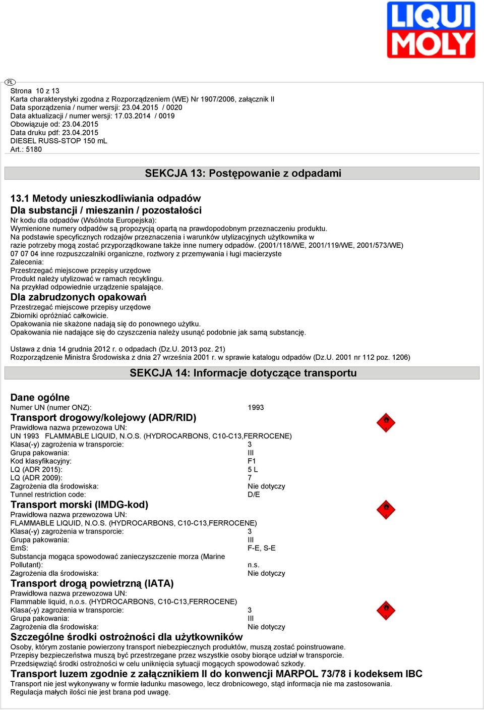 produktu. Na podstawie specyficznych rodzajów przeznaczenia i warunków utylizacyjnych użytkownika w razie potrzeby mogą zostać przyporządkowane także inne numery odpadów.