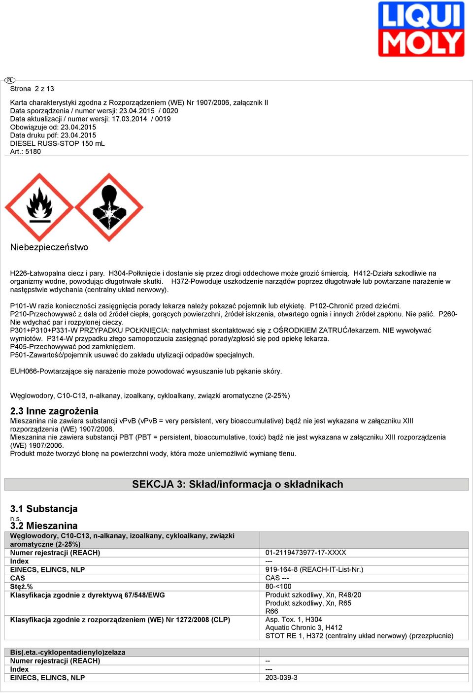 H372-Powoduje uszkodzenie narządów poprzez długotrwałe lub powtarzane narażenie w następstwie wdychania (centralny układ nerwowy).