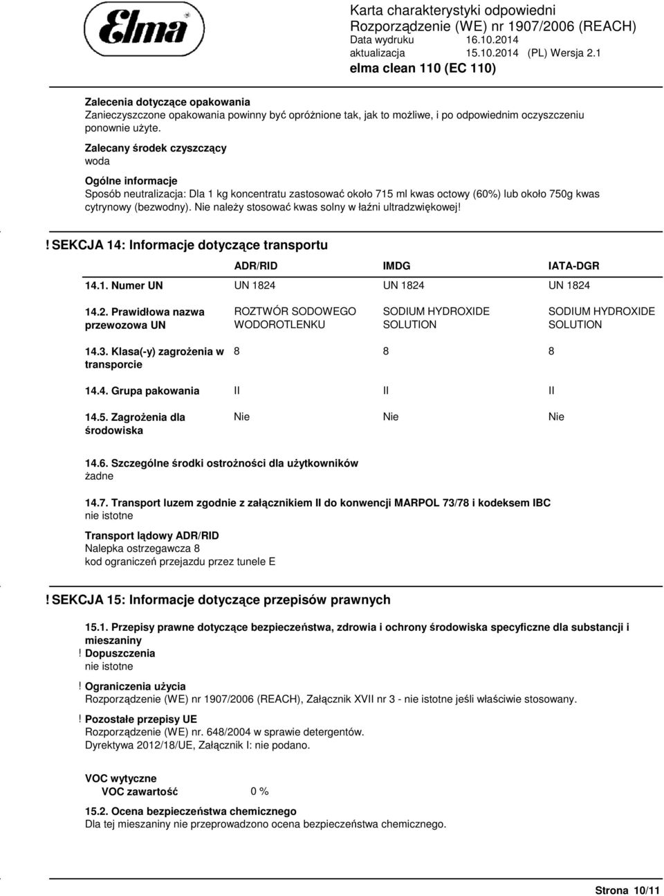 Nie należy stosować kwas solny w łaźni ultradzwiękowej!! SEKCJA 14: Informacje dotyczące transportu ADR/RID IMDG IATA-DGR 14.1. Numer UN UN 1824