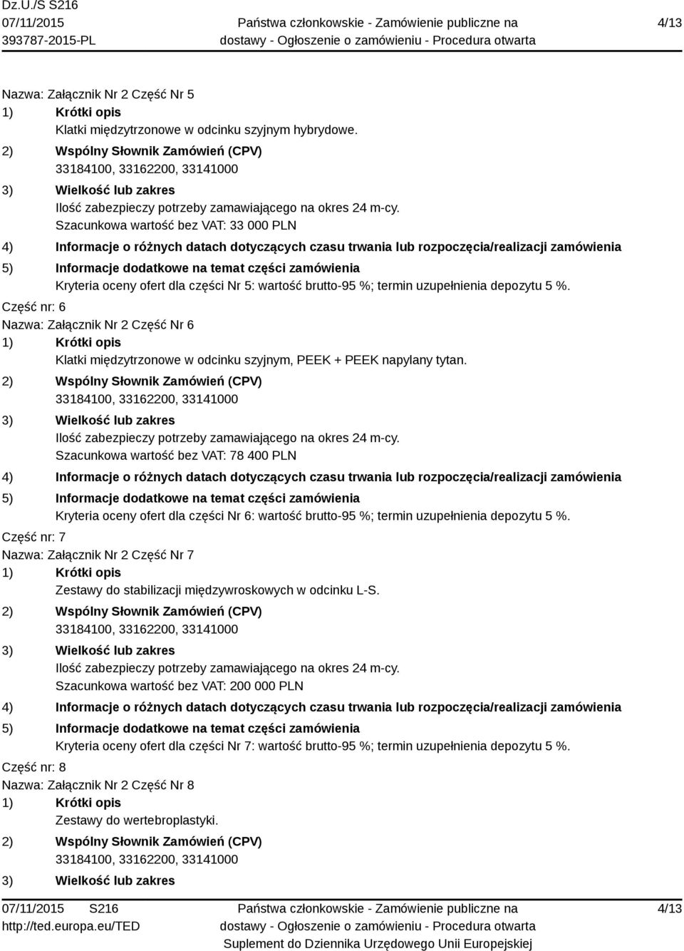 Część nr: 6 Nazwa: Załącznik Nr 2 Część Nr 6 Klatki międzytrzonowe w odcinku szyjnym, PEEK + PEEK napylany tytan.