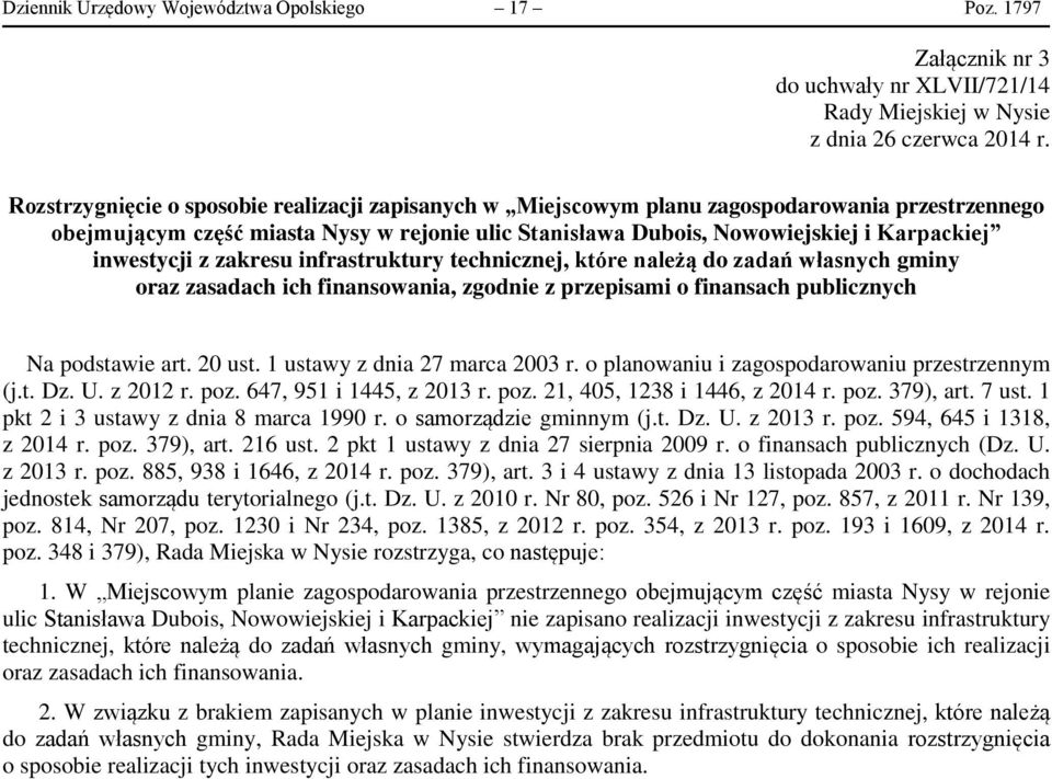 inwestycji z zakresu infrastruktury technicznej, które należą do zadań własnych gminy oraz zasadach ich finansowania, zgodnie z przepisami o finansach publicznych Na podstawie art. 20 ust.