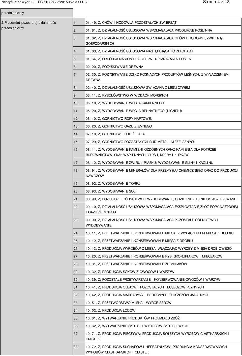 WSPOMAGAJĄCA CHÓW I HODOWLĘ ZWIERZĄT GOSPODARSKICH 4 01, 63, Z, DZIAŁALNOŚĆ USŁUGOWA NASTĘPUJĄCA PO ZBIORACH 5 01, 64, Z, OBRÓBKA NASION DLA CELÓW ROZMNAŻANIA ROŚLIN 6 02, 20, Z, POZYSKIWANIE DREWNA