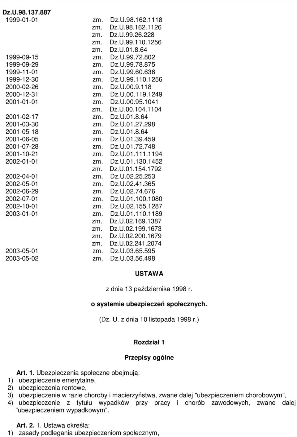 Dz.U.01.27.298 2001-05-18 zm. Dz.U.01.8.64 2001-06-05 zm. Dz.U.01.39.459 2001-07-28 zm. Dz.U.01.72.748 2001-10-21 zm. Dz.U.01.111.1194 2002-01-01 zm. Dz.U.01.130.1452 zm. Dz.U.01.154.