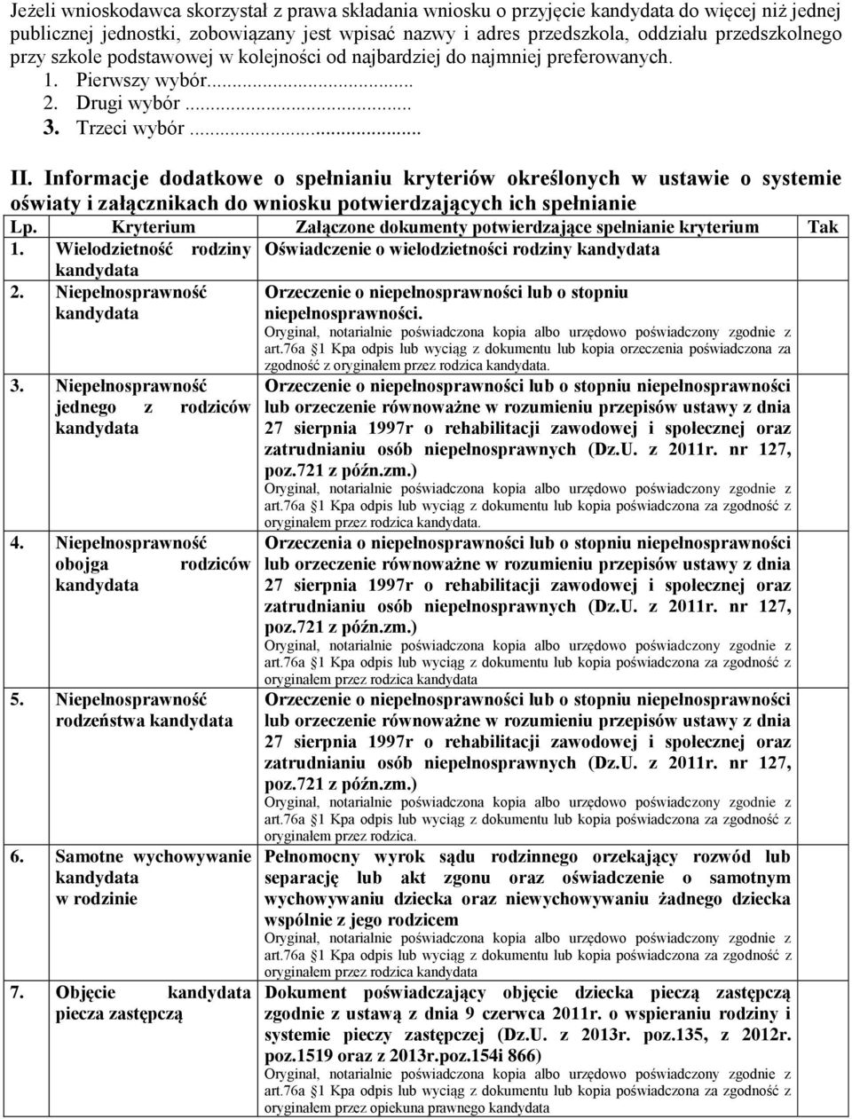 Informacje dodatkowe o spełnianiu kryteriów określonych w ustawie o systemie oświaty i załącznikach do wniosku potwierdzających ich spełnianie Lp.