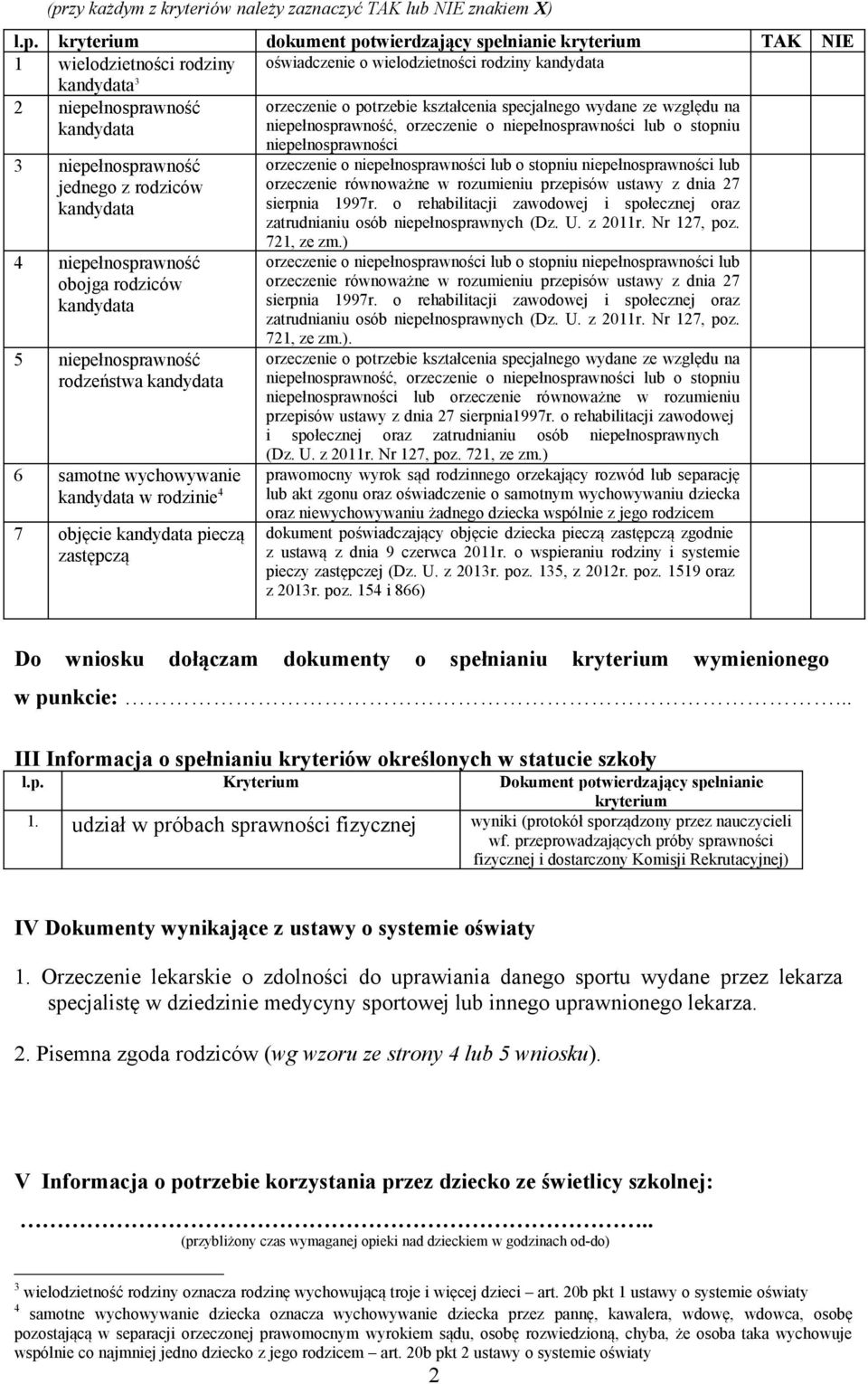 niepełnosprawność obojga rodziców 5 niepełnosprawność rodzeństwa 6 samotne wychowywanie w rodzinie 4 7 objęcie pieczą zastępczą niepełnosprawności orzeczenie o niepełnosprawności lub o stopniu