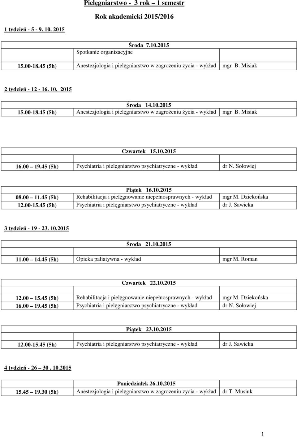 45 (5h) Anestezjologia i pielęgniarstwo w zagrożeniu życia - wykład Czwartek 15.10.2015 16.00 19.45 (5h) Psychiatria i pielęgniarstwo psychiatryczne - wykład Piątek 16.10.2015 08.00 11.