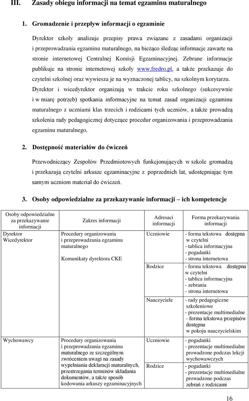 stronie internetowej Centralnej Komisji Egzaminacyjnej. Zebrane informacje publikuje na stronie internetowej szkoły www.fredro.